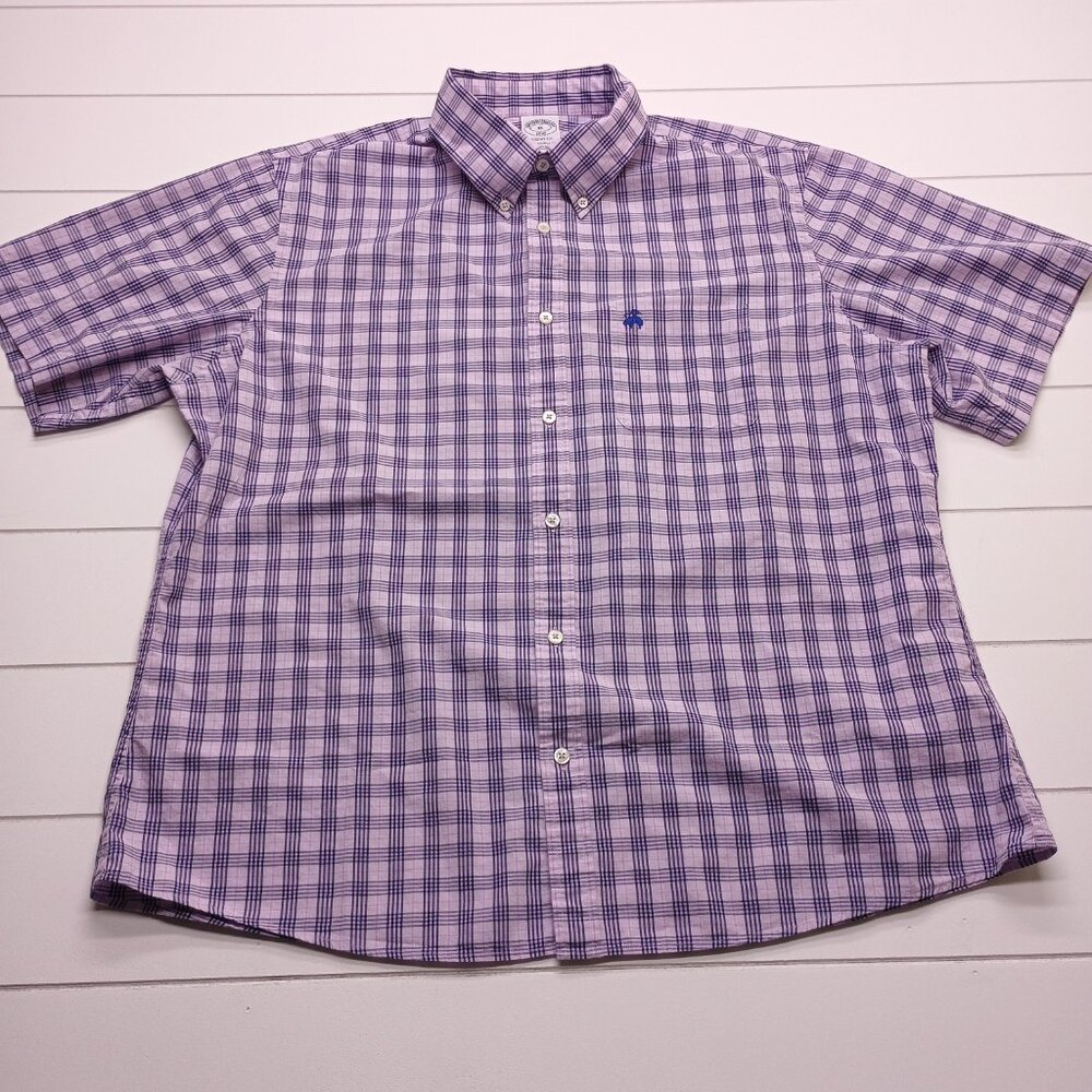Brooks Brothers Regent Fit Short Sleeve Purple Plaid Button Down Shirt XL